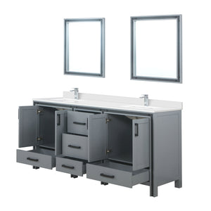 English Elm Dark Grey Double Vanity 72" x 22" with White Quartz Top, Chrome Faucets, 30" Mirrors, Scratch-Resist Finish B2731S01130