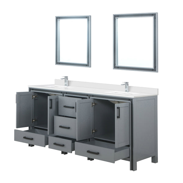 English Elm Dark Grey Double Vanity 72" x 22" with White Quartz Top, Chrome Faucets, 30" Mirrors, Scratch-Resist Finish B2731S01130