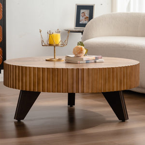 English Elm 35.4 Modern Round Retro Coffee Table with Solid Wood & MDF, Sturdy 110lb Capacity, Stylish Centerpiece Natural W757P241081