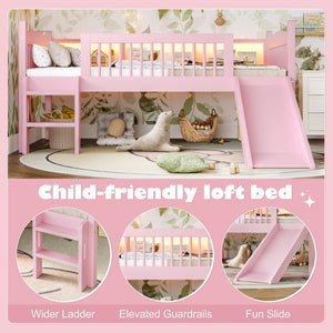 English Elm Twin Xl Solid Pine Loft Bed with Built-in Led Lighting and Storage Shelves Pink W1580S00365