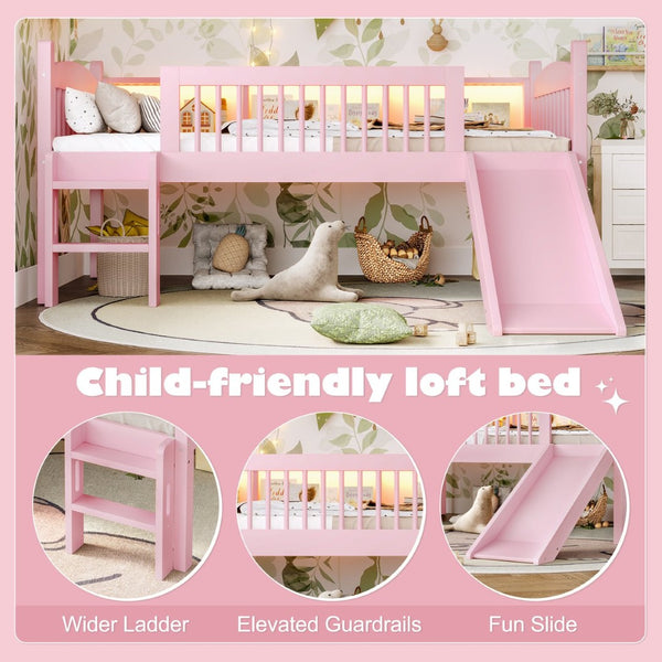 English Elm Twin Xl Solid Pine Loft Bed with Built-in Led Lighting and Storage Shelves Pink W1580S00365