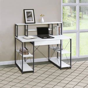 English Elm White White and Black Office Desk with Hutch, Spacious Drawer, Stable Wood Surface for Studios B062P184529