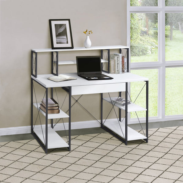 English Elm White White and Black Office Desk with Hutch, Spacious Drawer, Stable Wood Surface for Studios B062P184529