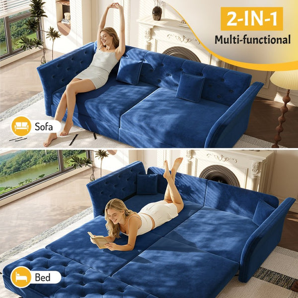 English Elm 74.4" Queen Velvet Sleeper Sofa Artisan Floral Tufted Cushions Converts for Guest Rooms Blue W1885S00306