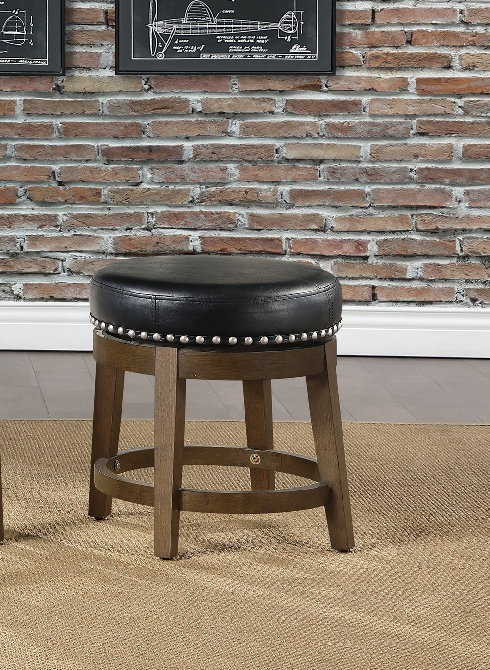 English Elm Round Swivel Stool Set of 2 with Black Faux Leather Seat, Nailhead Trim & Solid Wood Legs, 19.5" H Brown+Black 35.75 L x 21 W x 9.75 H B011P201185
