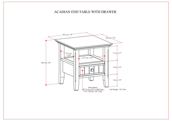English Elm Acadian Handcrafted Solid Wood End Table In Rich Brunette Brown With Drawer & Open Shelf Storage B136P203471