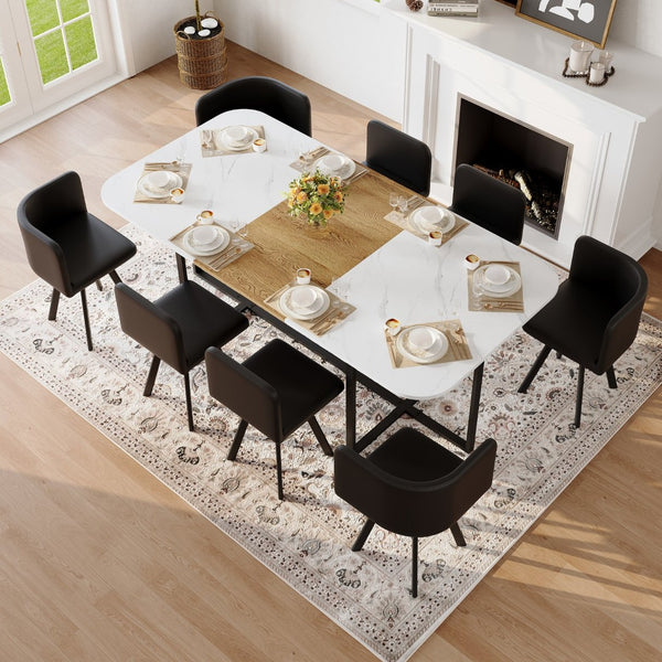 English Elm 9-piece Square Dining Set Faux Marble Wood Grain Table with 8 Pu Leather Chairs W3875S00143