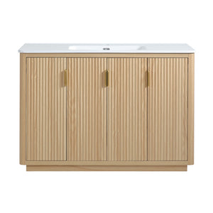 English Elm 48 Inch Freestanding Vanity Natural Wood Grain Four Door Storage Gold Pulls Ceramic Sink W3235S00006