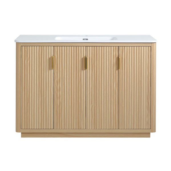 English Elm 48 Inch Freestanding Vanity Natural Wood Grain Four Door Storage Gold Pulls Ceramic Sink W3235S00006