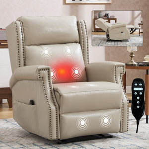 English Elm Emon's Overstuffed Chenille Power Lift Recliner with Massage Heat and Charging Ports Beige W1803S00086