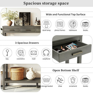 English Elm U_Style 62.2'' Farmhouse Console Table With 3 Drawers, Bottom Shelf & Iron Handles For Home Decor N711P234485E-GIGA