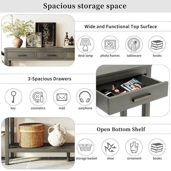 English Elm U_Style 62.2'' Farmhouse Console Table With 3 Drawers, Bottom Shelf & Iron Handles For Home Decor N711P234485E-GIGA