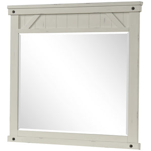 English Elm Industrial Farmhouse Mirror White Solid Wood & Glass - Beveled Glass, Birch Veneer, Burnished Brass Accent, Distressed Pine Frame B2699P239136