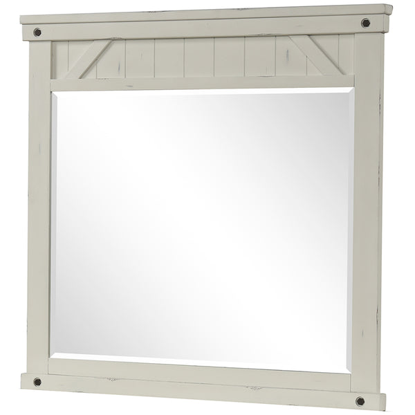 English Elm Industrial Farmhouse Mirror White Solid Wood & Glass - Beveled Glass, Birch Veneer, Burnished Brass Accent, Distressed Pine Frame B2699P239136