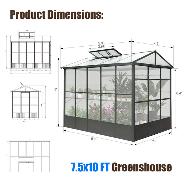 English Elm 7.5x10ft Outdoor Aluminum Polycarbonate Greenhouse Auto Vent Backyard Garden Growing Space W1859P347433