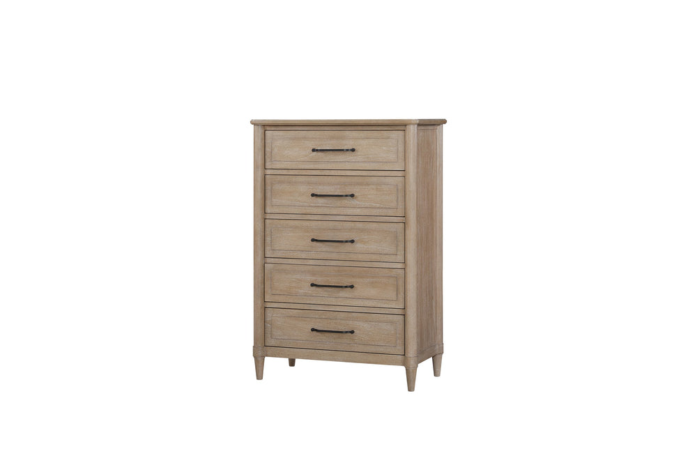 English Elm Small Breakfront Dresser with Mindi Veneer, Warm Neutral Finish, 7 Drawers, Tapered Legs, Elegant Storage Options Sand 34 L x 18 W x 50 H B2699P360161