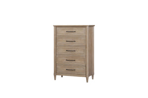English Elm Small Breakfront Dresser with Mindi Veneer, Warm Neutral Finish, 7 Drawers, Tapered Legs, Elegant Storage Options Sand 34 L x 18 W x 50 H B2699P360161