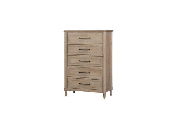 English Elm Small Breakfront Dresser with Mindi Veneer, Warm Neutral Finish, 7 Drawers, Tapered Legs, Elegant Storage Options Sand 34 L x 18 W x 50 H B2699P360161