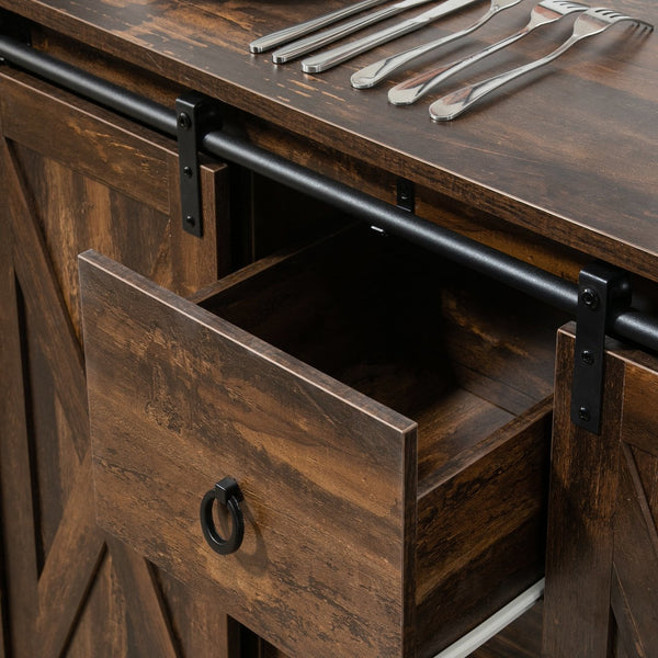 English Elm HOMCOM Rustic Farmhouse Buffet Cabinet with Sliding Barn Doors, 3 Drawers, Adjustable Shelves, Sturdy W2225P173872