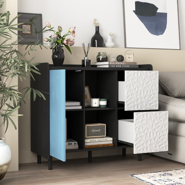 English Elm Sideboard Buffet Cabinet – Modern Black & Red Storage With 2 Drawers, Open Shelves For Stylish Organization W409P176583-GIGA