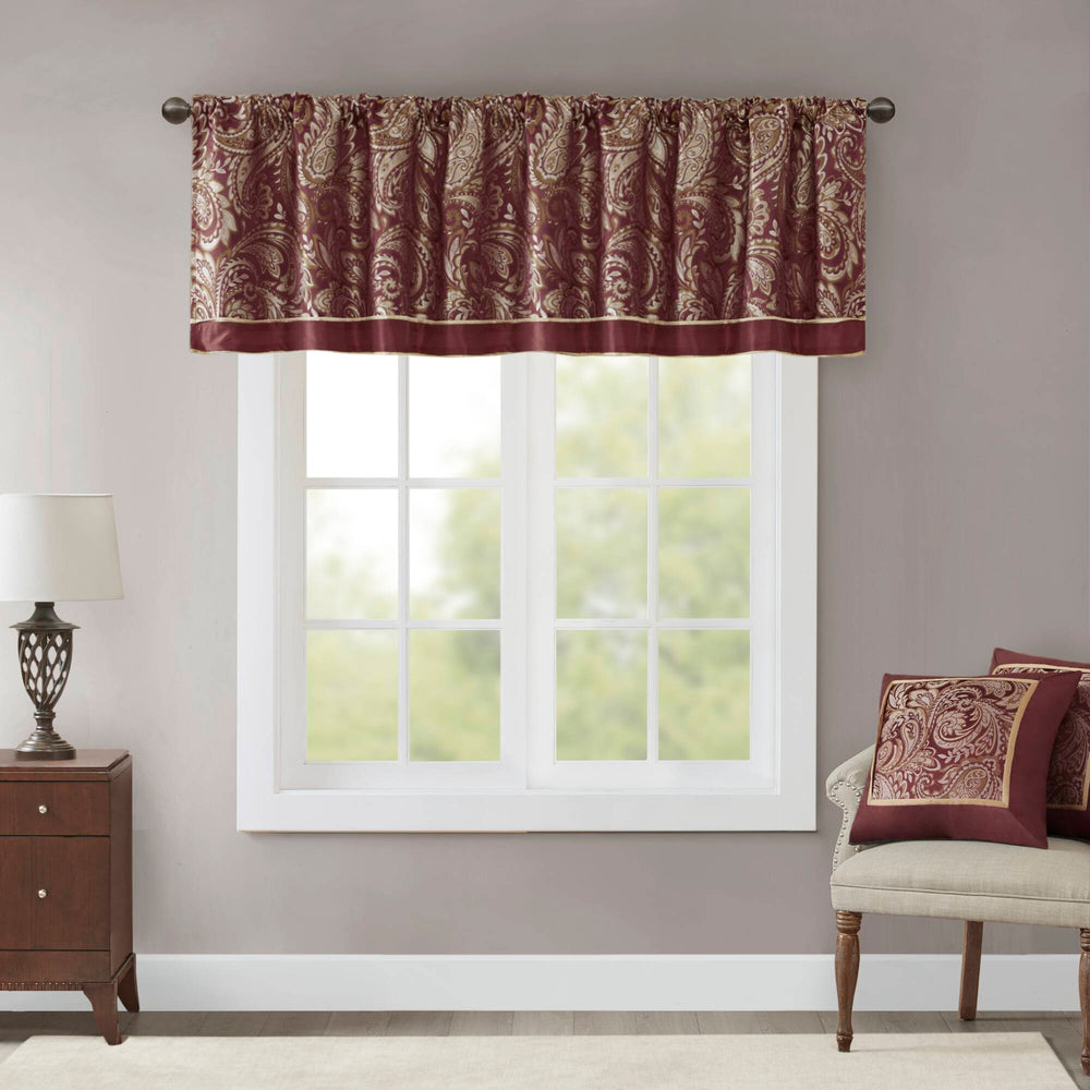 JLA Home Madison Park - Jacquard Paisley-Textured Window Valance with Faux Silk Trim, Metallic Highlights & OEKO-TEX Safety Burgundy MP41-2714