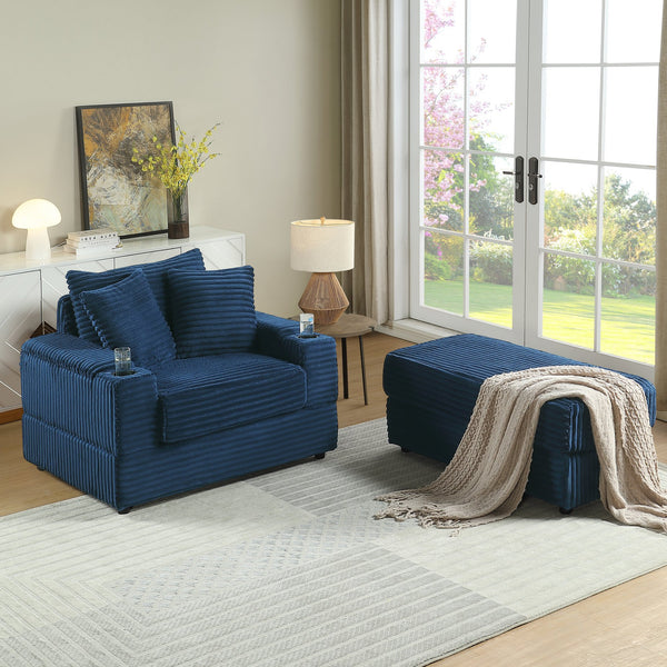 English Elm sofa Oversized Corduroy Deep-Seat Chaise with Ottoman and Lumbar Support — Plush, Sturdy Comfort Blue W1420S00013