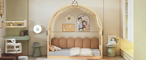 English Elm Twin Pinewood Ground-Level Canopy Bed with Arched Roof and Trundle for Kids—Whimsical, Sturdy Design Natural N820P181648N