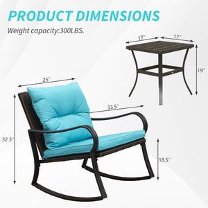 English Elm Metal Outdoor 2-Person Rocking Patio Set with Handwoven Wicker, Plush Cushions & Sturdy Table Blue W1859P399625