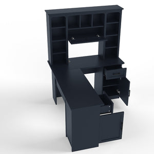 English Elm L-shaped Home Office Desk with Open Shelves Flip Shelf Cabinets and Drawer Storage Antique Blue W1580S00494
