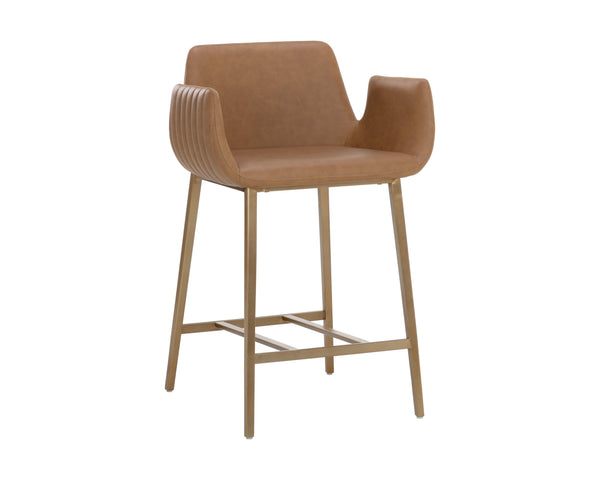 Sunpan Lucano Counter Stool - Elegant Milliken Cognac Faux Leather With Gold Stainless Steel Legs Brown Faux Leather 111122