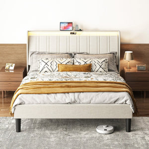 English Elm Queen Platform Bed Upholstered Headboard Wooden Slats Usb Charging Ports Bedroom W2889P272596