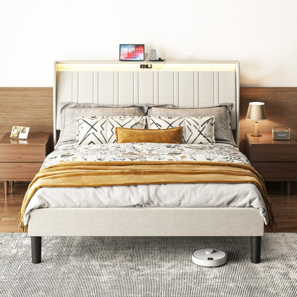 English Elm Queen Platform Bed Upholstered Headboard Wooden Slats Usb Charging Ports Bedroom W2889P272596