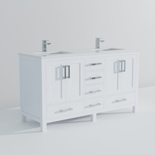 English Elm White Double Bath Vanity 60" W x 22" D with White Quartz Top, Soft-Close Drawers, Faucet Set Included B2731P259072