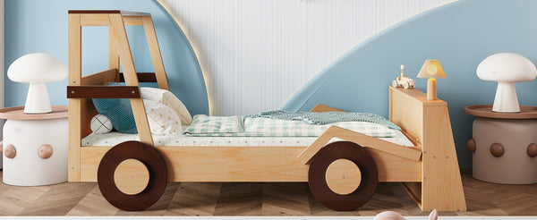English Elm Twin Pine Treehouse Floor Bed with Padded Rails and Cabin Roofline for Kids W1580S00472