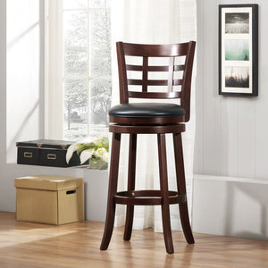 Rubberwood Swivel Barstool with Window Back and Upholstered Seat in Cherry