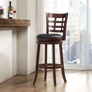 Rubberwood Swivel Barstool with Window Back and Upholstered Seat in Cherry