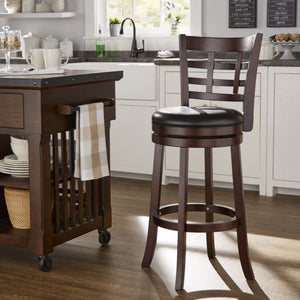 Rubberwood Swivel Barstool with Window Back and Upholstered Seat in Cherry
