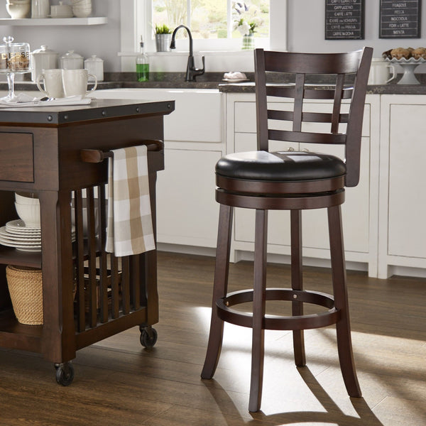 Rubberwood Swivel Barstool with Window Back and Upholstered Seat in Cherry