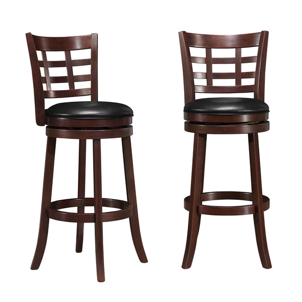Rubberwood Swivel Barstool with Window Back and Upholstered Seat in Cherry