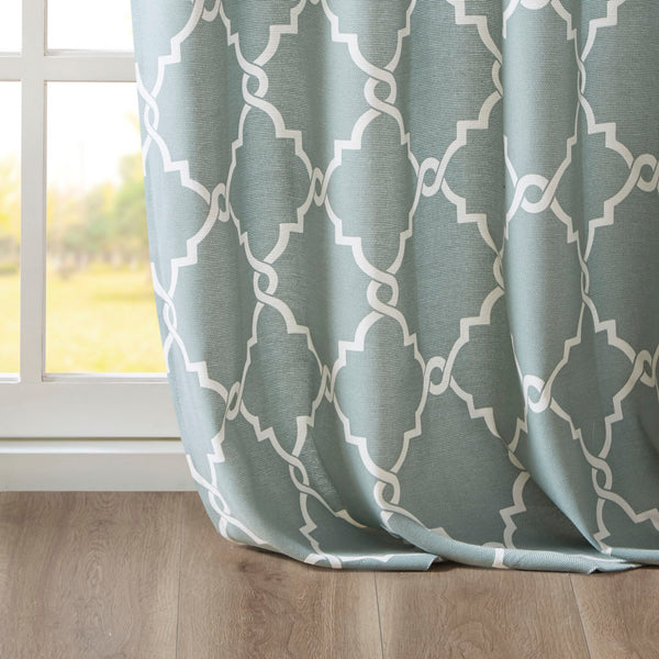 JLA Home Madison Park - Fretwork Metallic Fret Print Curtain Panel with Gunmetal Grommets — Textured Cotton-Blend Light Filter Seafoam/White MP40-2403