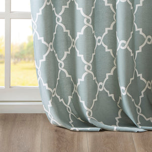 JLA Home Madison Park - Fretwork metallic fret pattern curtain panel with cotton-blend basket weave and gunmetal grommets for soft light filtration and modern texture Seafoam/White MP40-2404