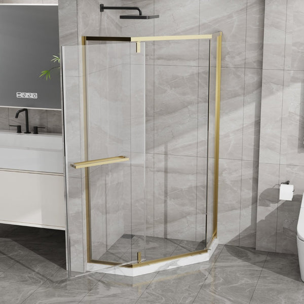 English Elm Goodyo Neo-angle Corner Shower Enclosure Tempered Glass Gold Stainless Frame D163147164