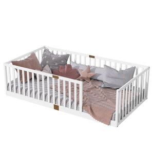 English Elm Twin House Frame Floor Bed Rubberwood with Roof Canopy and Safety Rails for Kids White W504P429530