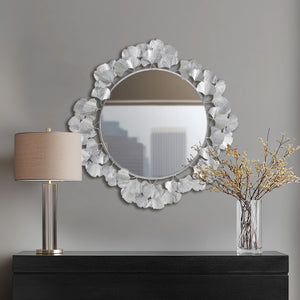 JLA Home Martha Stewart - Gingko Sculptural Round Wall Mirror 30.5" — Iron Gingko Leaf Frame, Three-Dimensional Botanical Focal Point Silver MT95F-0097
