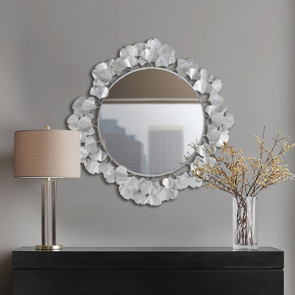 JLA Home Martha Stewart - Gingko Sculptural Round Wall Mirror 30.5" — Iron Gingko Leaf Frame, Three-Dimensional Botanical Focal Point Silver MT95F-0097