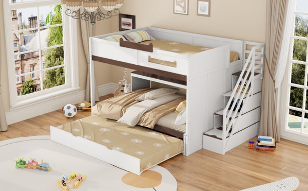 English Elm House-shaped Pine Bunk Bed with Built-in Slide Storage Staircase Twin Over Full Kids Frame White N820S00067K