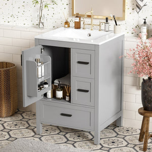 English Elm Modern 24 Inch Bathroom Vanity Solid Wood Cabinet with Ceramic Sink and Soft Close Storage Gray N729P292859E