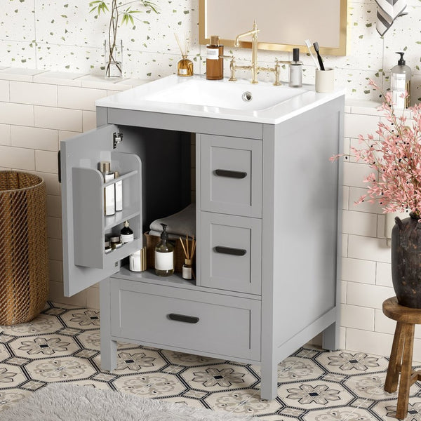 English Elm Modern 24 Inch Bathroom Vanity Solid Wood Cabinet with Ceramic Sink and Soft Close Storage Gray N729P292859E