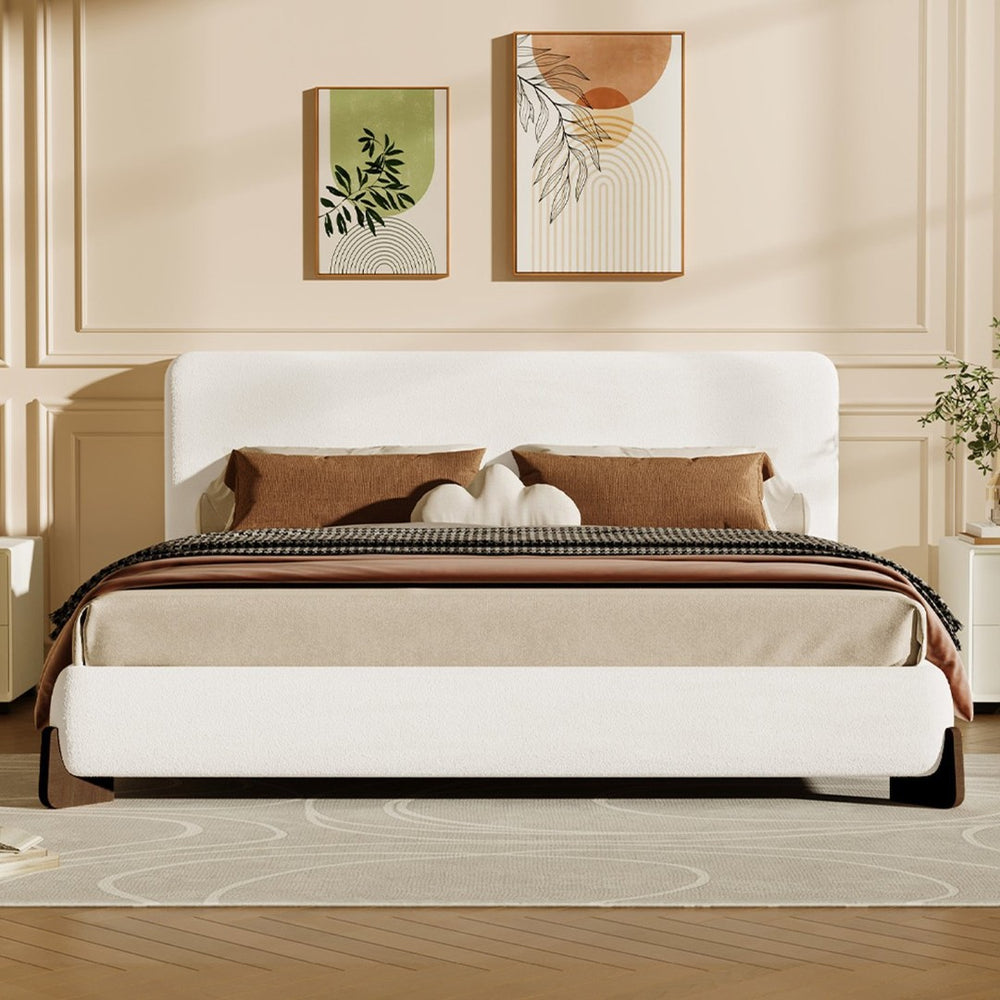 English Elm Elegant Boucle Platform Bed White Upholstered King with Dark Brown Wood Legs N769P228000K