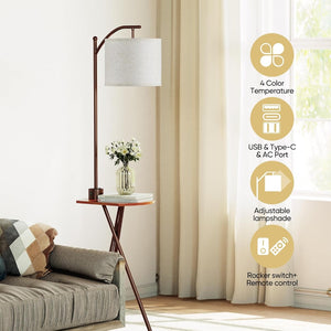 English Elm Floor Lamp with Built-in Side Table Usb Charging Remote Dimming for Living Room Brown W3355P440816
